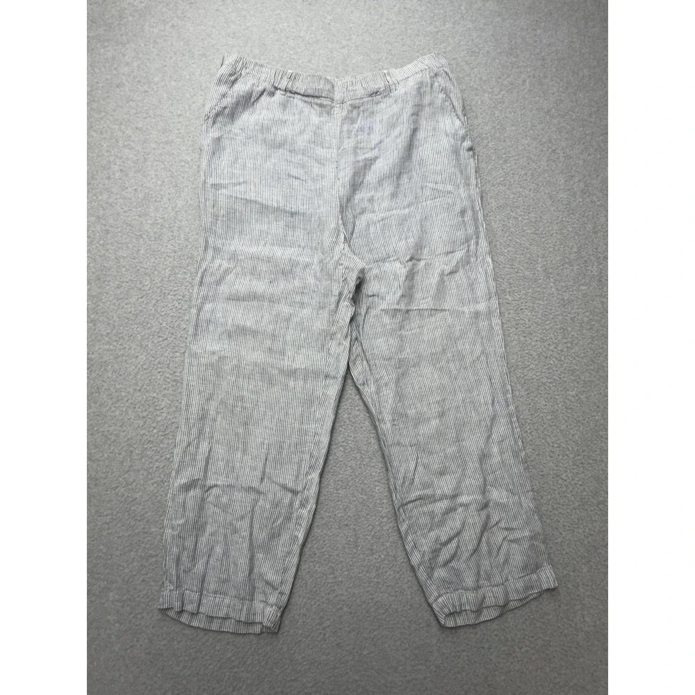 Quince 100% Linen Pants Womens Blue Pinstripe Large Pull On Casual Straight Leg